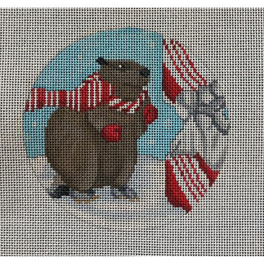 Beaver with Candy Cane Ornament - Garden Gate Needlepoint