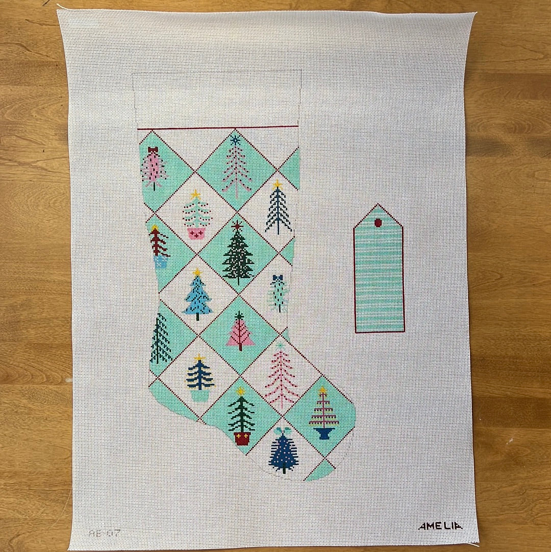 Candy Quilting Trees Stocking and Tag - Garden Gate Needlepoint