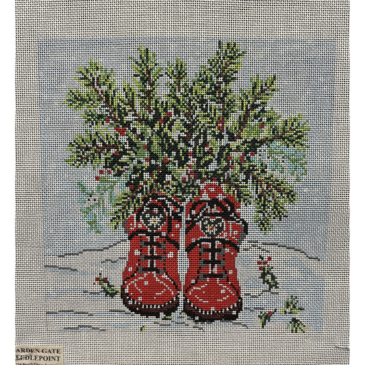 Evergreen Red Boots Canvas - Garden Gate Needlepoint