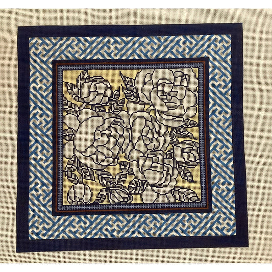 Floral with Blue Fretwork Canvas - Garden Gate Needlepoint