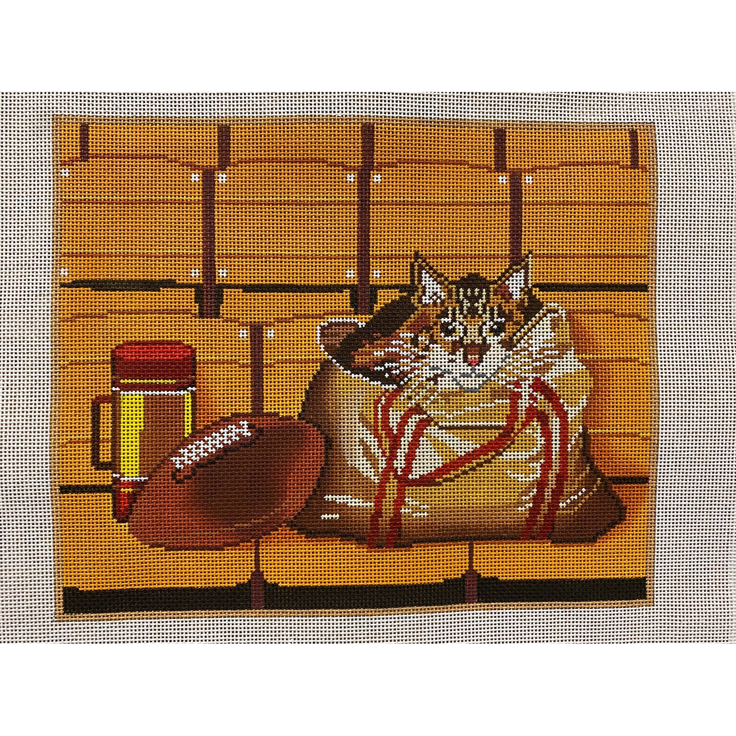 Football Cat canvas - Garden Gate Needlepoint