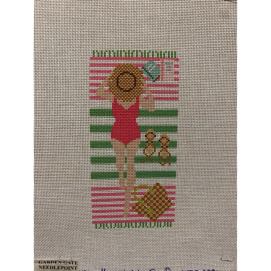 Kirk and Bradley Pink Green Beach Towel Eyeglass Case - Garden Gate Needlepoint