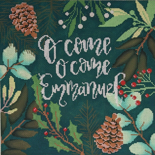 Green Botanical Pillow -- O Come O Come Emmanuel