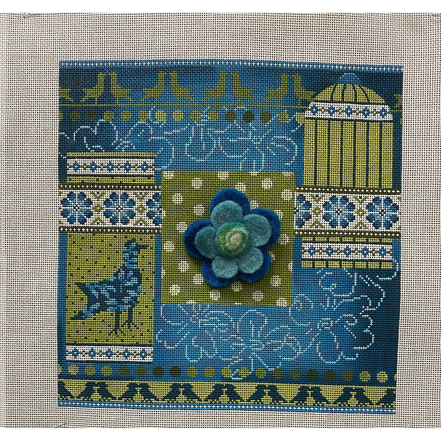 Mindy Bird Cage with Felt Flower canvas - Garden Gate Needlepoint