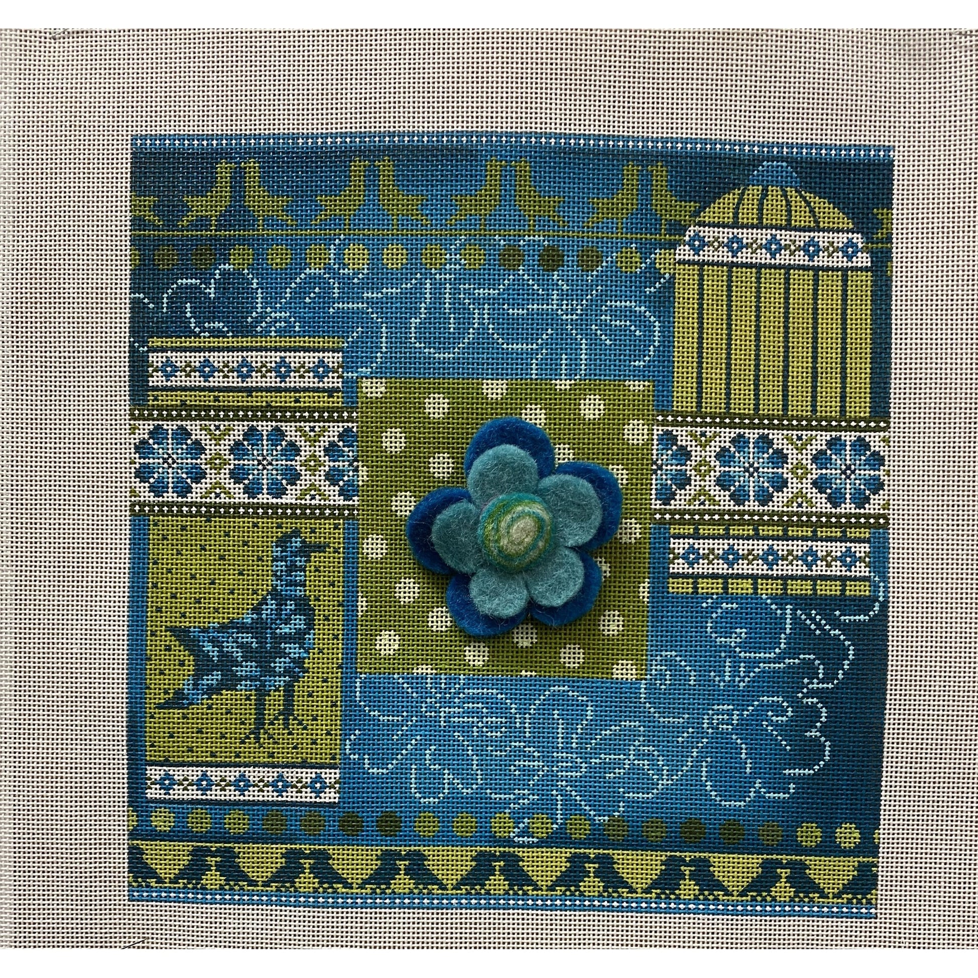 Mindy Bird Cage with Felt Flower canvas - Garden Gate Needlepoint