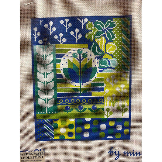Mindy Blue and Green Collage canvas - Garden Gate Needlepoint