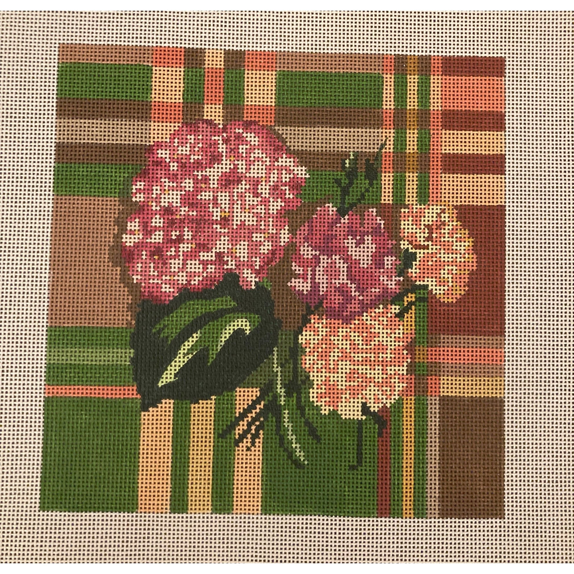 Pink Flower on Plaid Canvas - Garden Gate Needlepoint