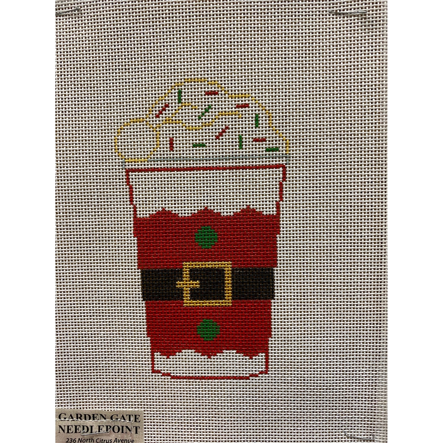 Rachel Donley Santa Frappicino Ornament - Garden Gate Needlepoint