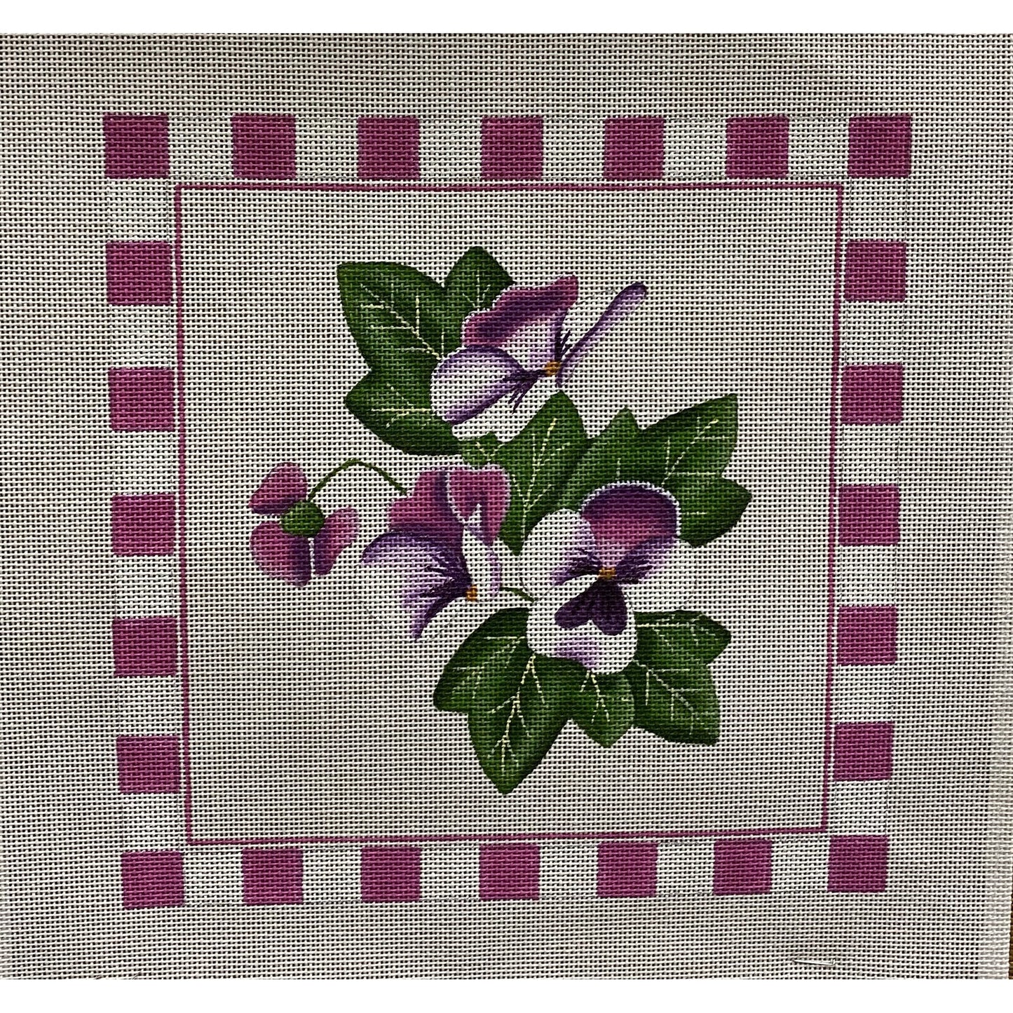 Sandra Gilmore Pansies with Border canvas - Garden Gate Needlepoint