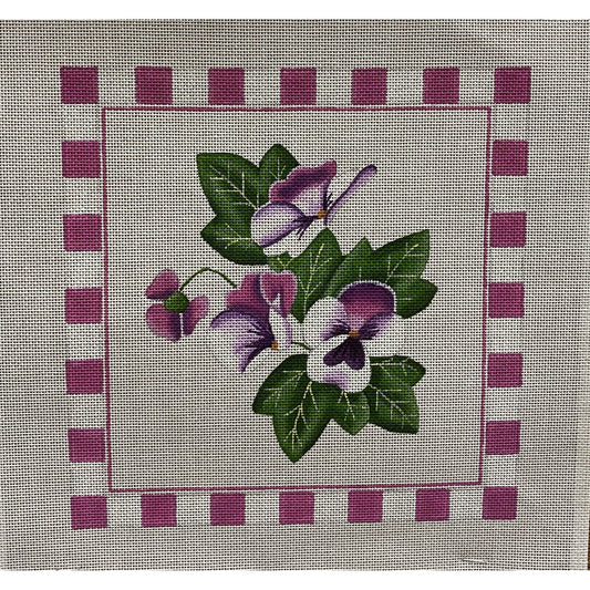 Sandra Gilmore Pansies with Border canvas - Garden Gate Needlepoint
