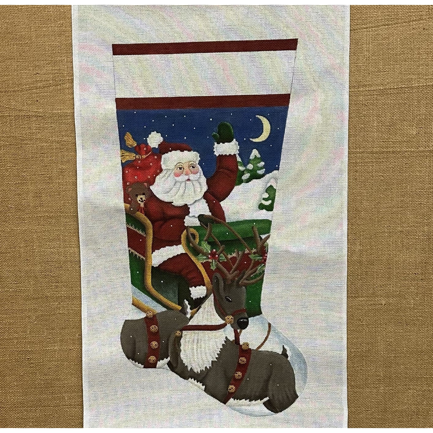 Santa in Sled Stocking - Garden Gate Needlepoint