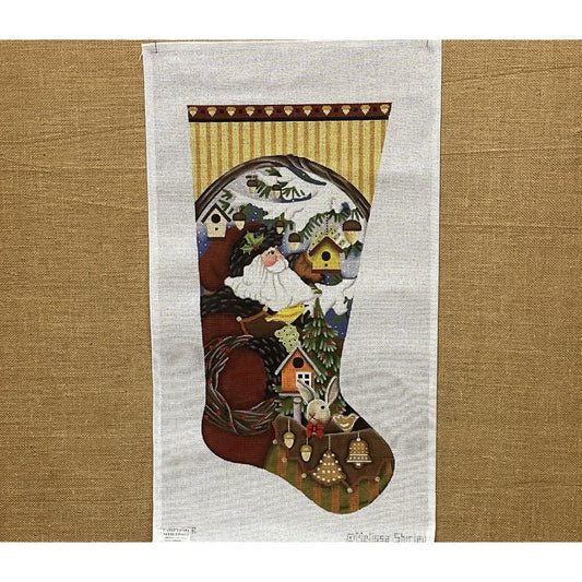 Santa with Bird Houses Stocking - Garden Gate Needlepoint