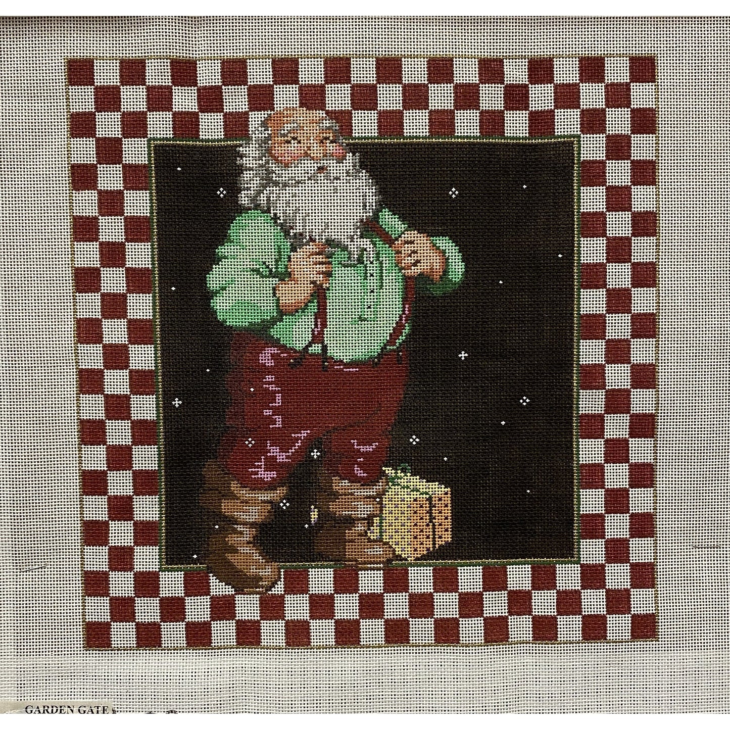 Santa with Suspenders canvas - Garden Gate Needlepoint