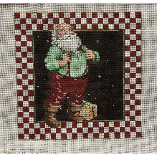 Santa with Suspenders canvas - Garden Gate Needlepoint