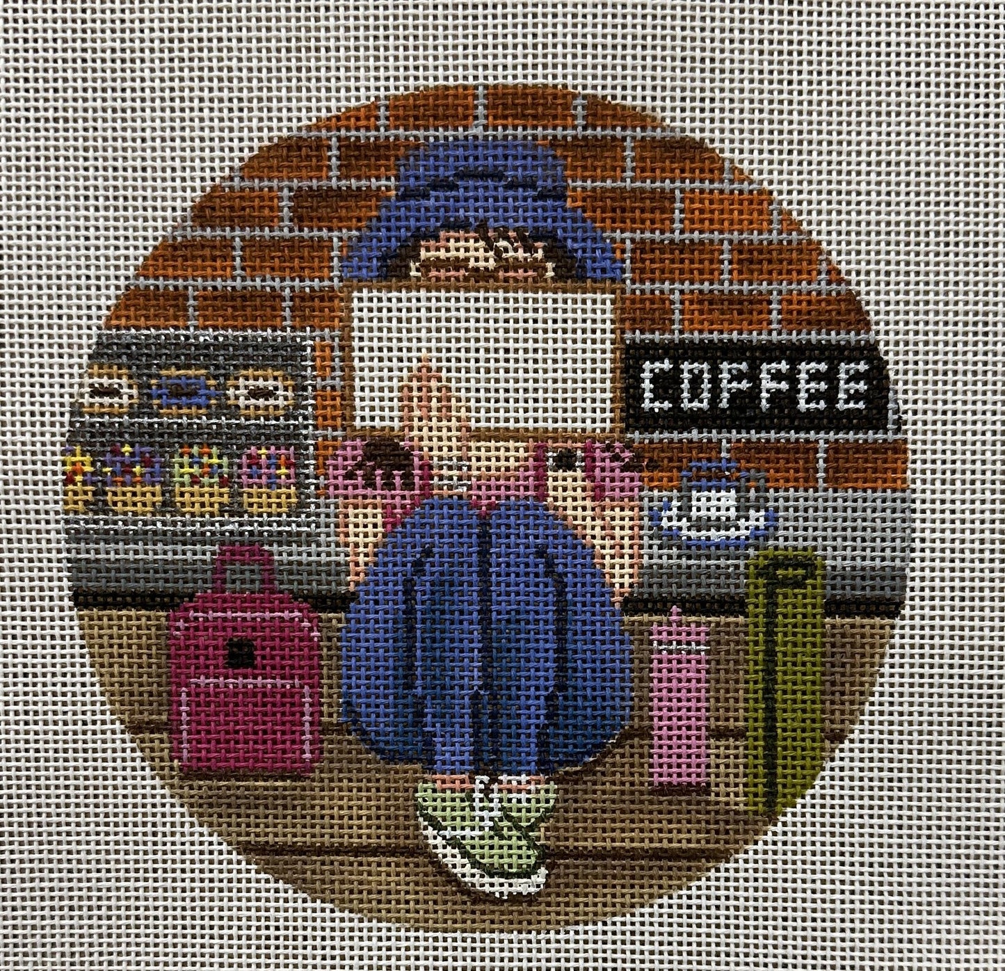 Coffee Stitching Girl Ornament | Garden Gate Needlepoint