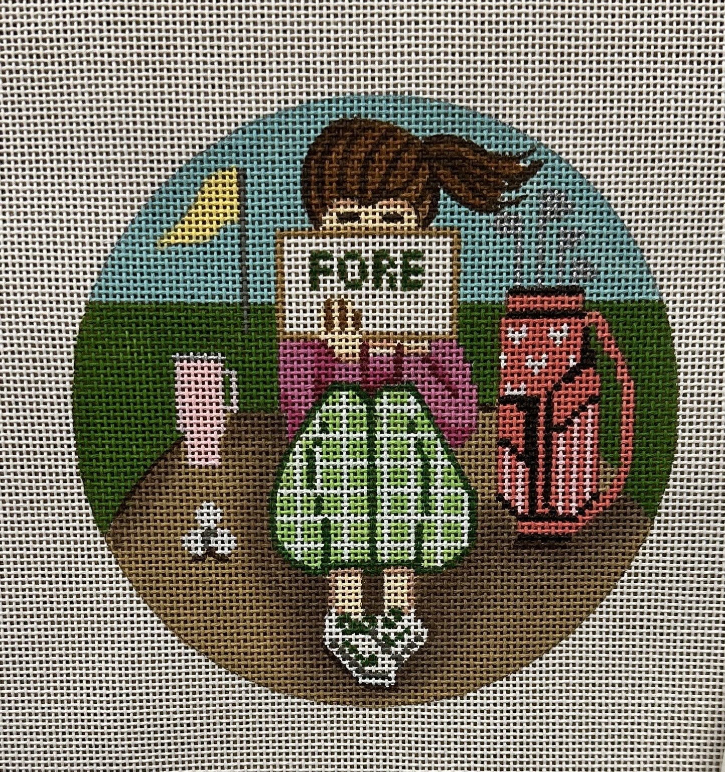 Golf Stitching Girl Ornament | Garden Gate Needlepoint
