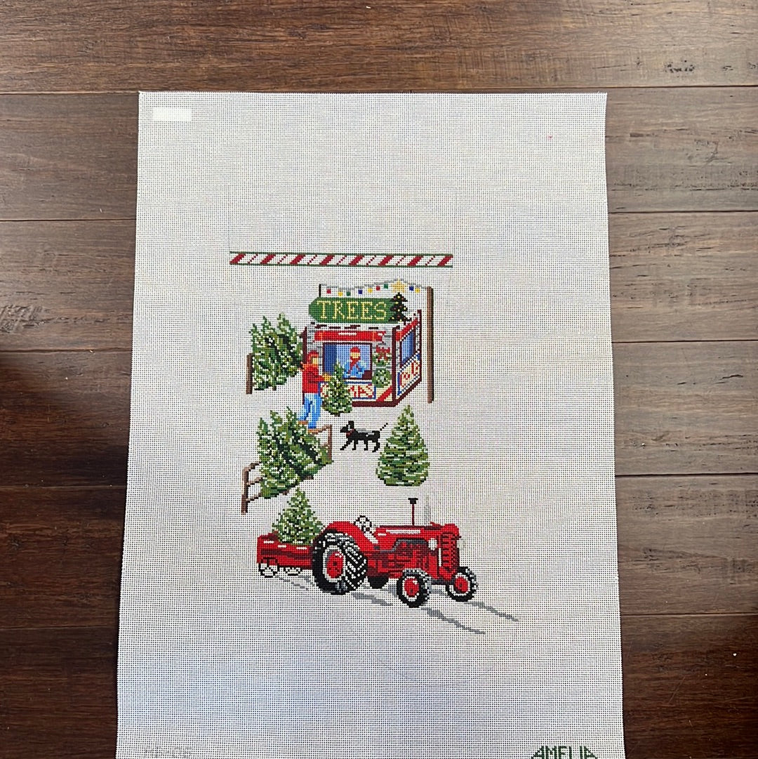 Tractor and Tree Lot Stocking - Garden Gate Needlepoint