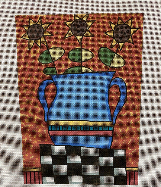 Sunflowers in Blue Vase Canvas - Garden Gate Needlepoint