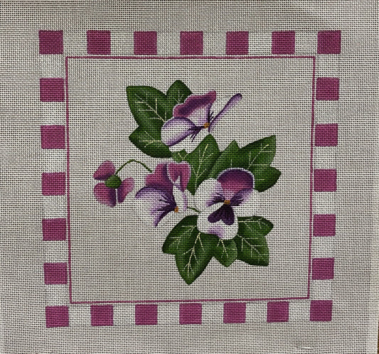 Sandra Gilmore Pansies with Border canvas - Garden Gate Needlepoint