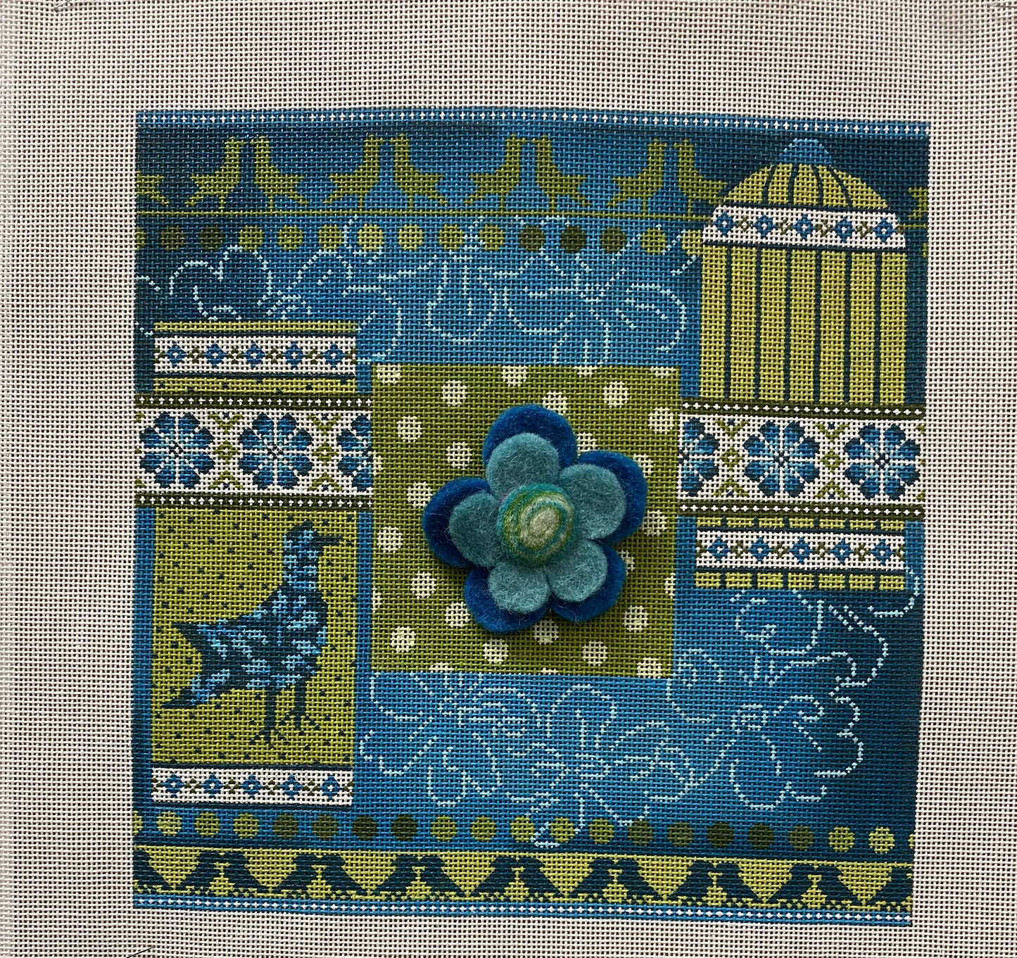 Mindy Bird Cage with Felt Flower canvas - Garden Gate Needlepoint