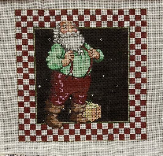 Santa with Suspenders canvas - Garden Gate Needlepoint