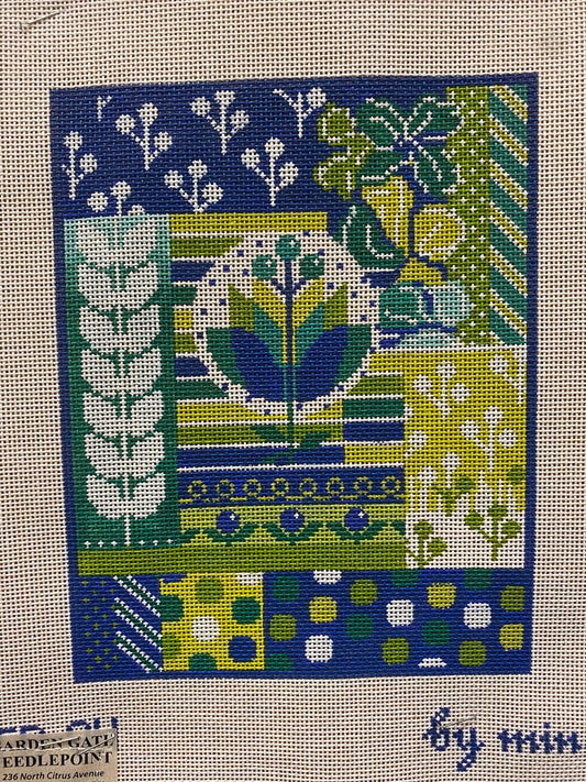 Mindy Blue and Green Collage canvas - Garden Gate Needlepoint