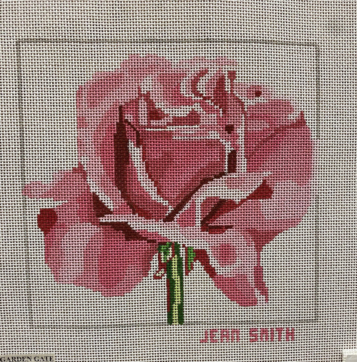 Jean Smith Pink Rose canvas - Garden Gate Needlepoint