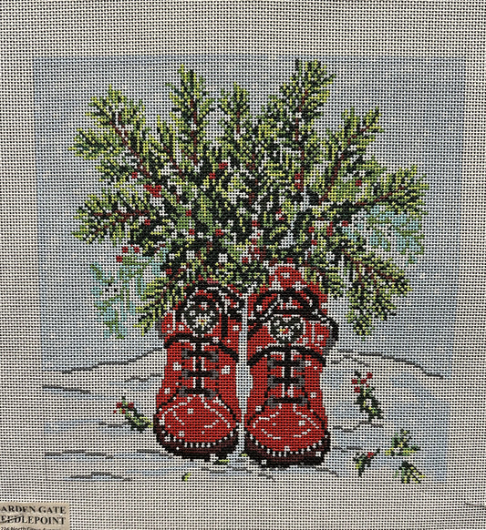 Evergreen Red Boots Canvas - Garden Gate Needlepoint