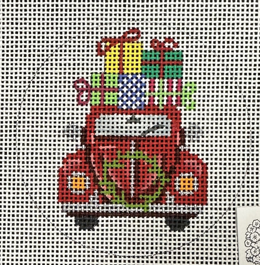 Red VW with Presents Ornament - Garden Gate Needlepoint